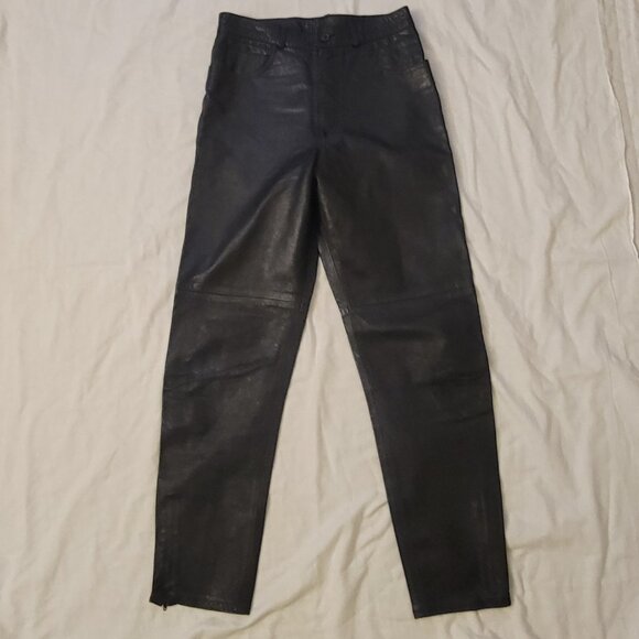 GUESS REAL LEATHER JEANS Y2K Zip Ankle Triangle Pants Black MOTO - Picture 4 of 15